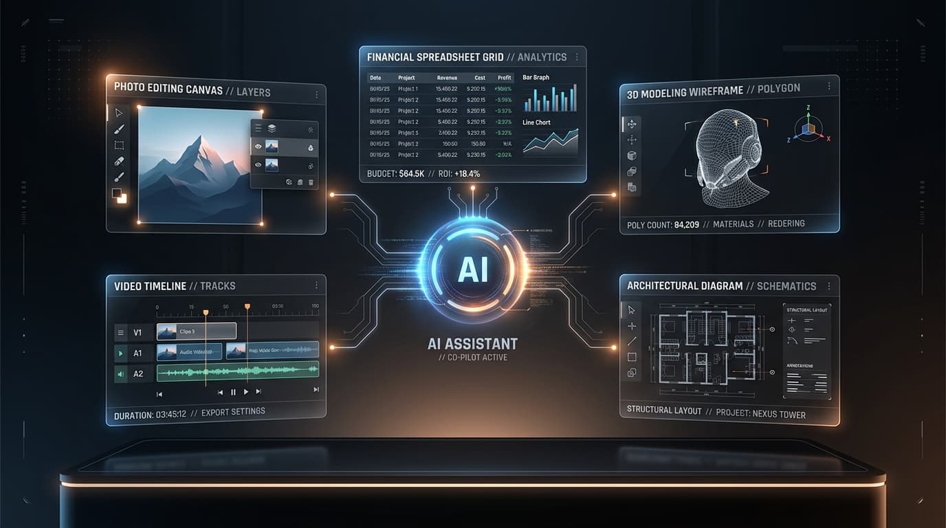 AI 智能体通过全息控制面板协同操作图像编辑、电子表格、3D线框建模、视频音轨和架构图表的概念插画