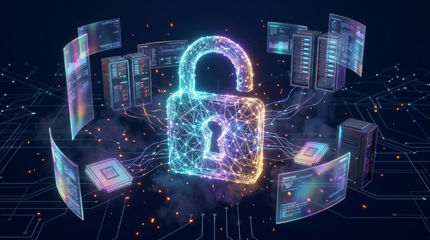 Original illustration: an open padlock formed from glowing network lines, surrounded by stacked server and chip shapes