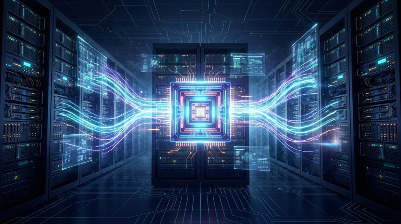 Original illustration: a stylized processor die glowing at the center of a rack, with energy flowing through connected server rows