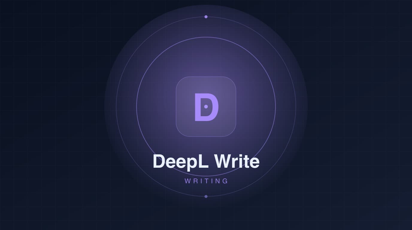Cover: a dark, neon-style tile for DeepL Write, with the letter D and the writing category.