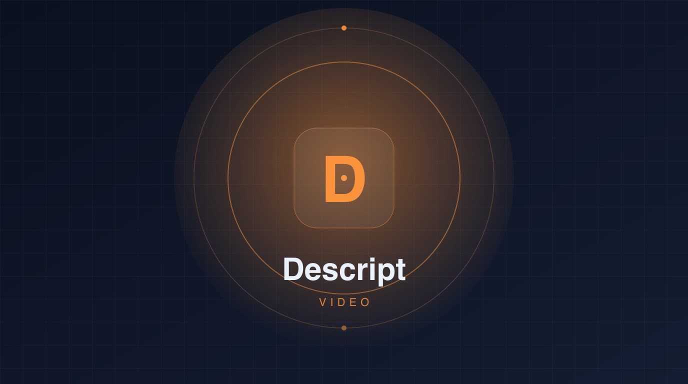 Cover: a dark, neon-style tile for Descript, with the letter D and the video category.