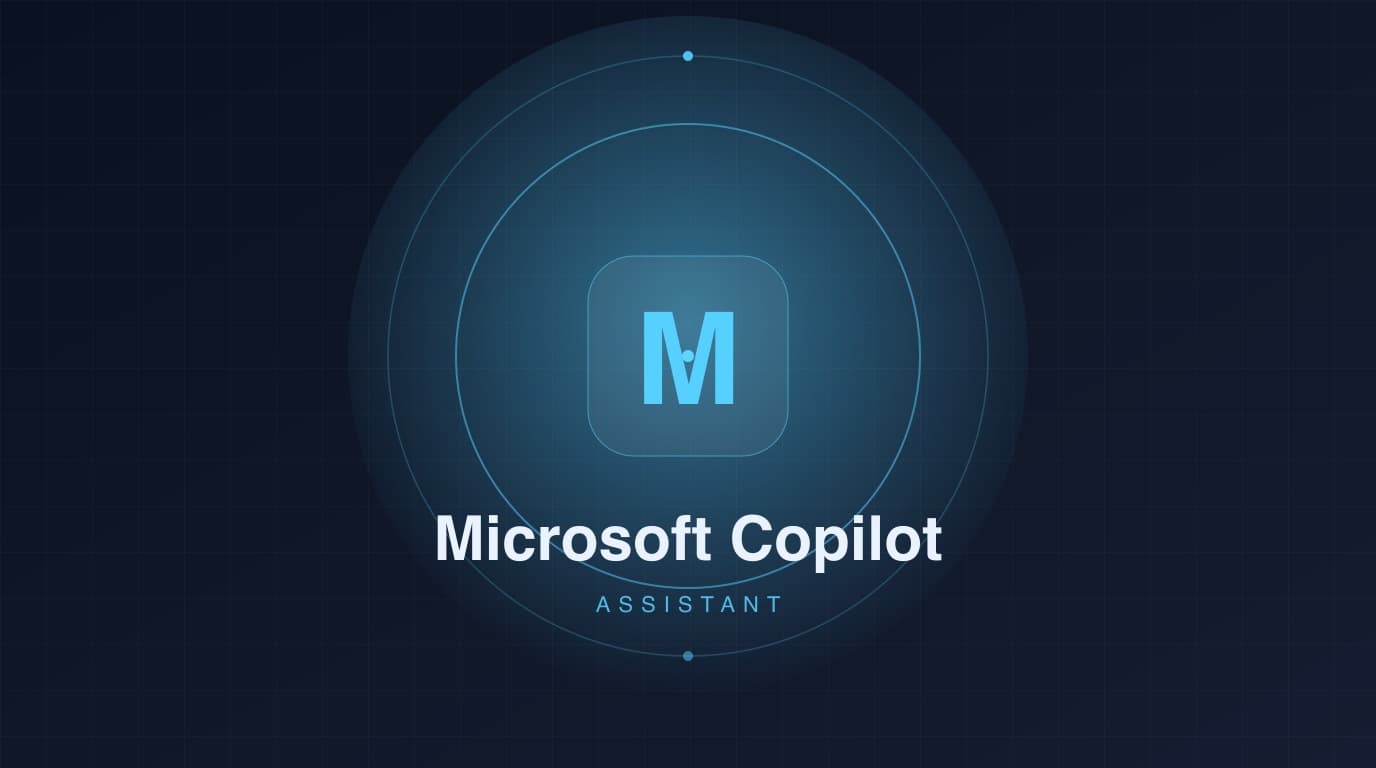 Cover: a dark, neon-style tile for Microsoft Copilot, with the letter M and the assistant category.