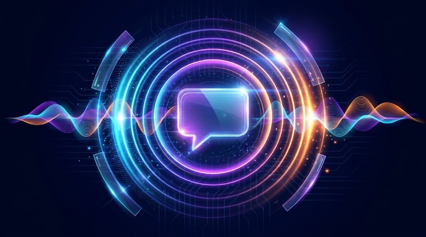 Original illustration: layered sound waves radiating from a chat bubble, with small speech marks in different scripts