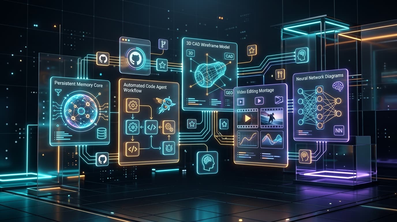 Futuristic digital workbench displaying open-source AI modules: code agents, persistent memory core, 3D CAD models, and video editing timeline reels